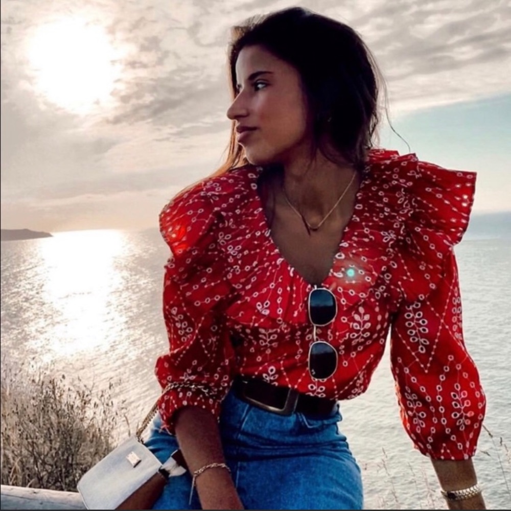 Zara Red and White Small Openwork Embroidered Top